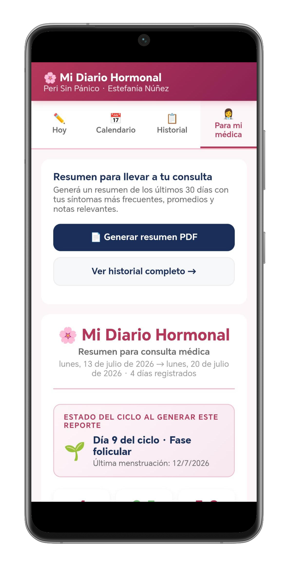 Captura de la app Mi Diario Hormonal mostrando el resumen para consulta médica