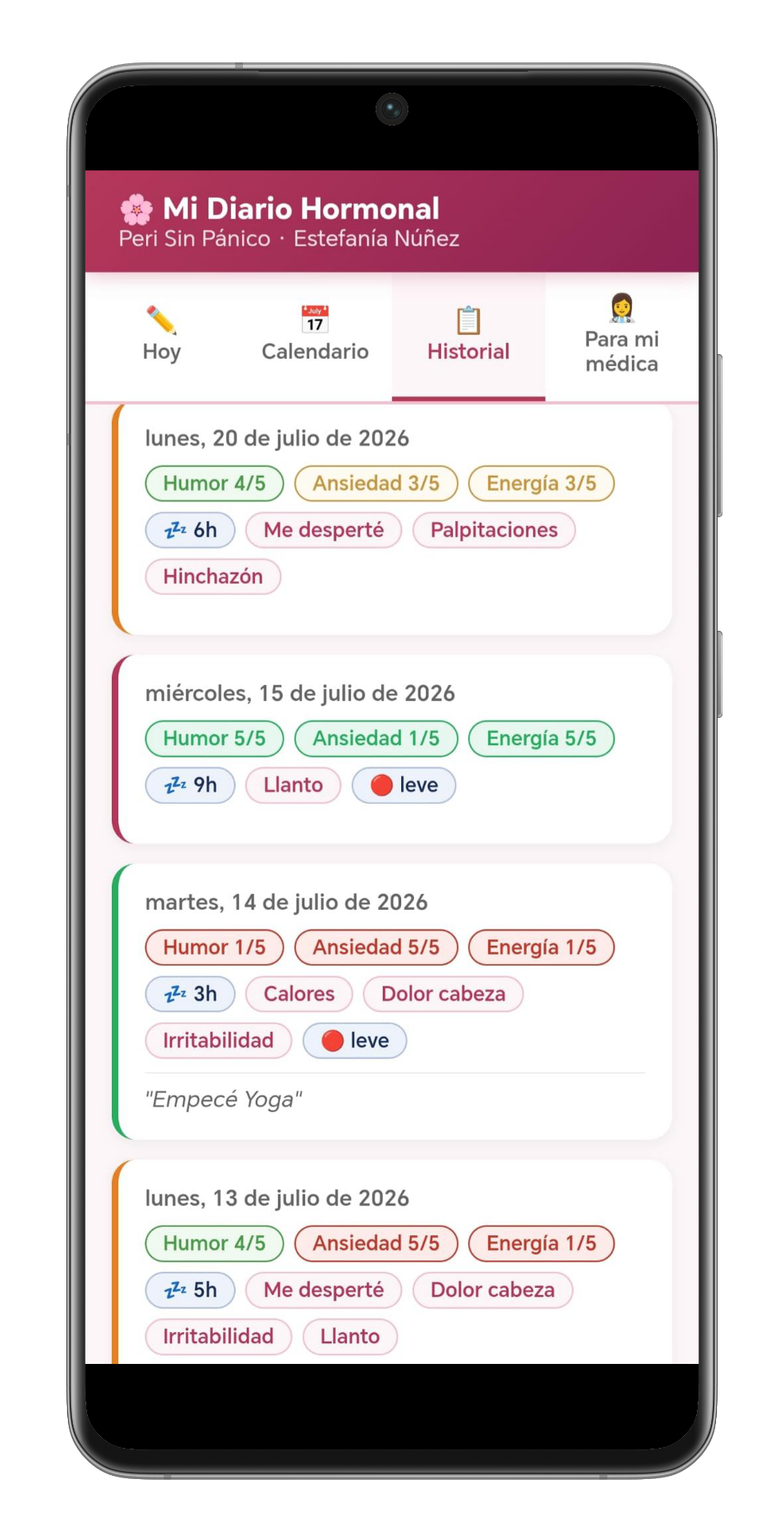 Captura de la app Mi Diario Hormonal mostrando el historial de síntomas