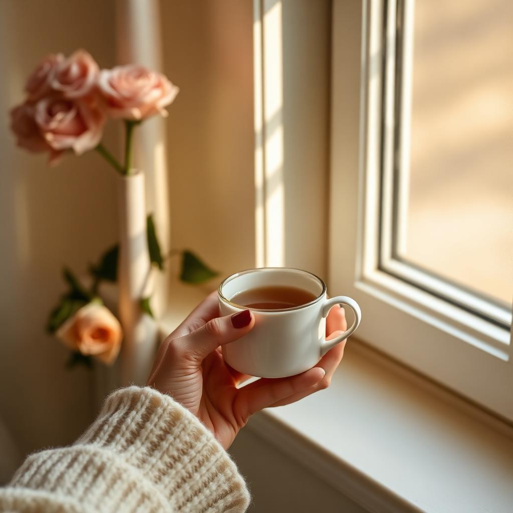 Momento de calma con una taza de té junto a la ventana